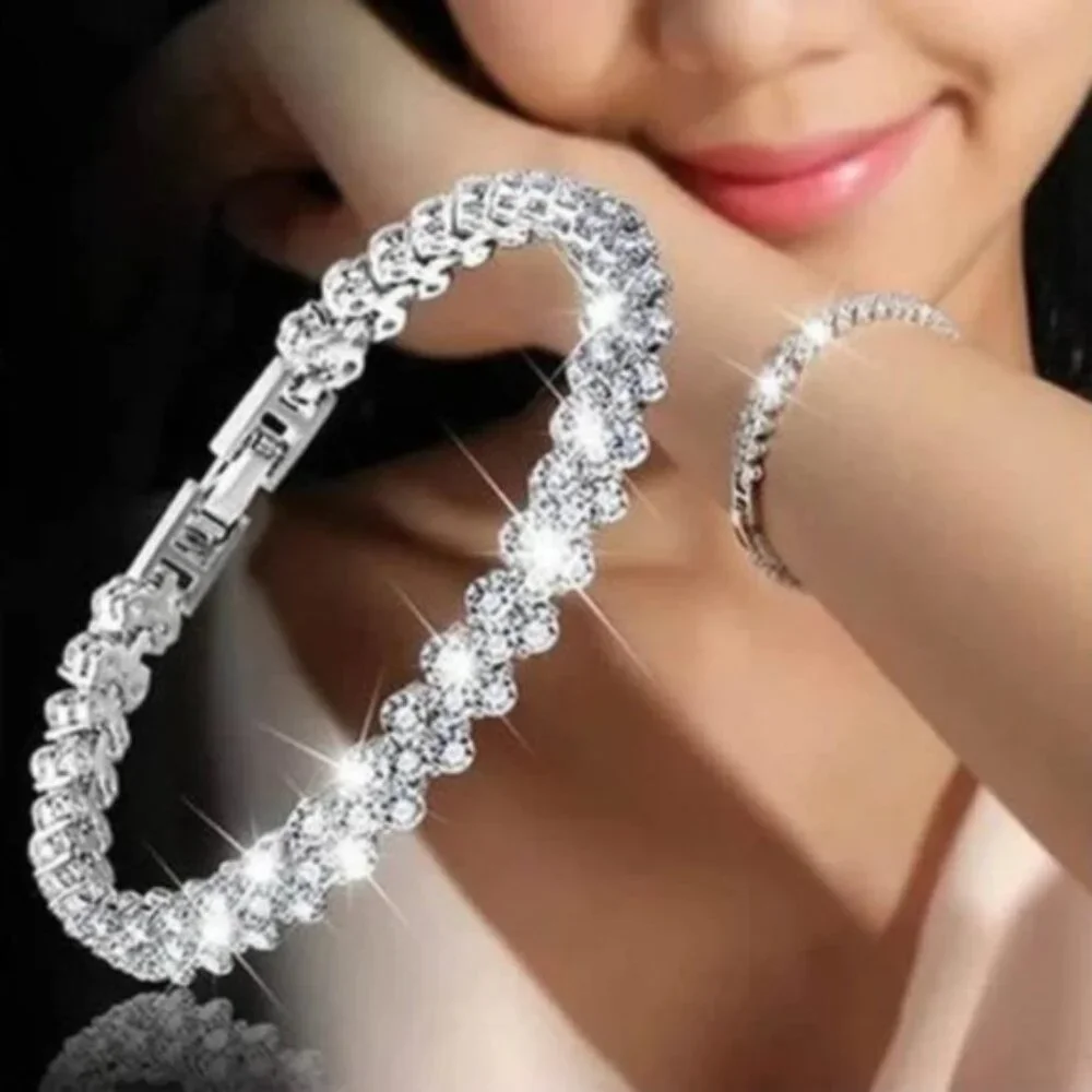 Heart Shiny Silver Bracelet Roman Style Crystal Engagement Wedding Charm - Picture 2 of 4